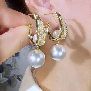 3/$35 Glam Faux Pearl & Rhinestone Gold Plated Drop Hoop Dangle Earrings Wedding